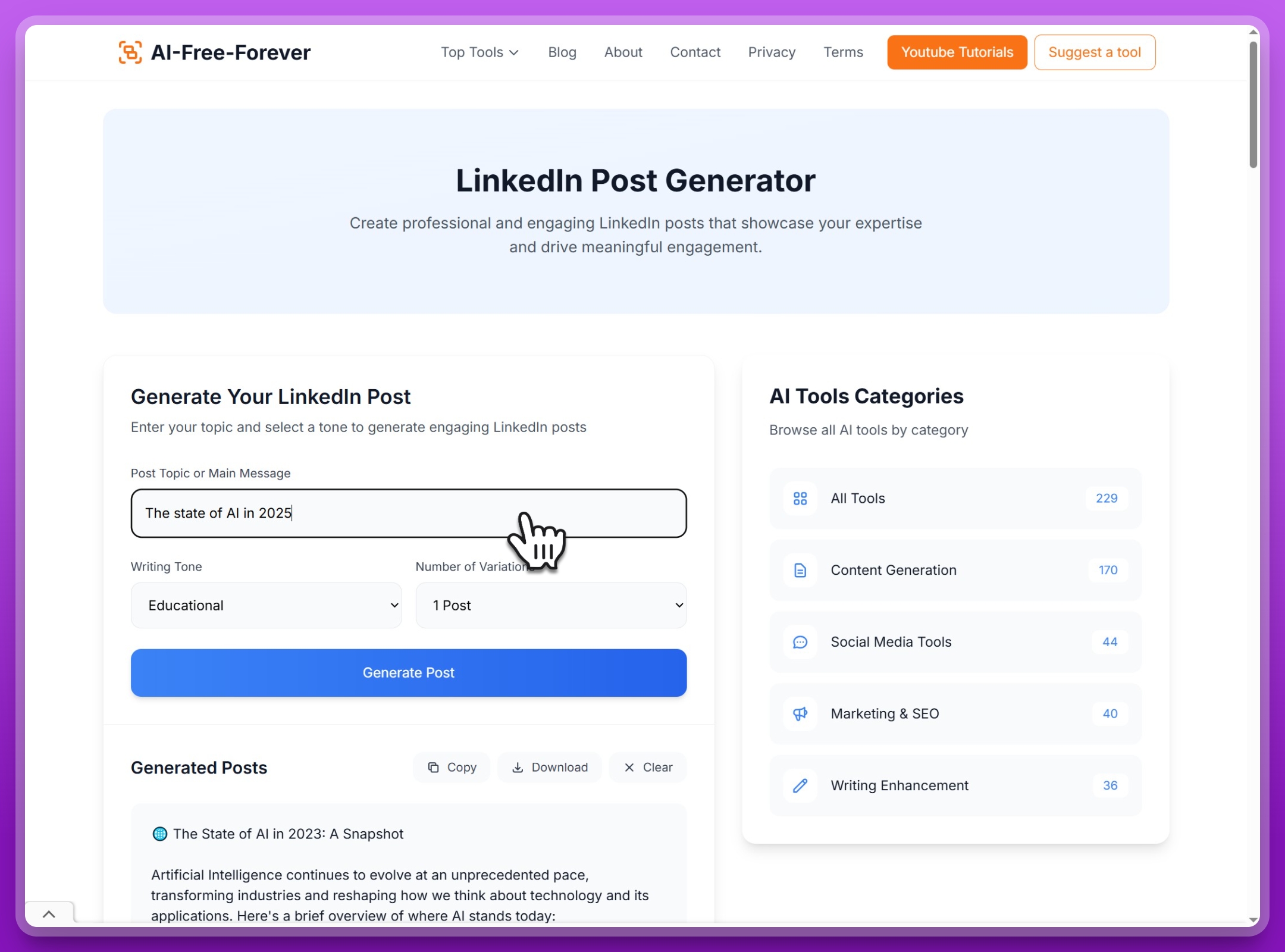 Step 1: Enter your topic and content details in the LinkedIn Post Generator input field